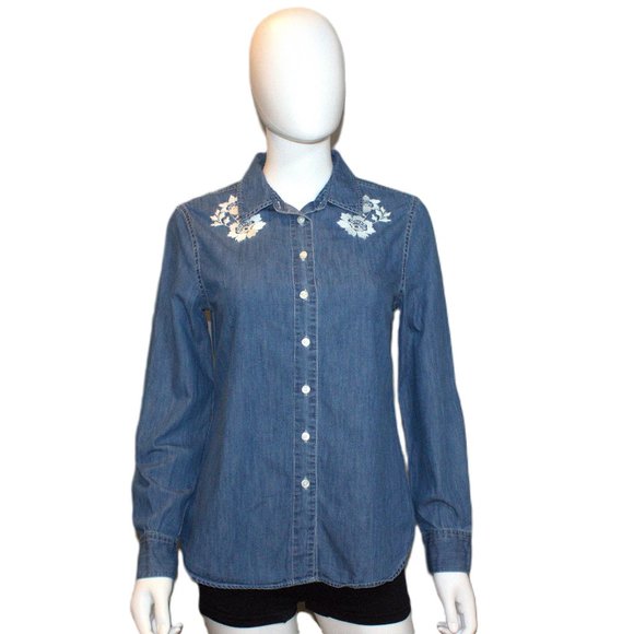 Draper James | Howdy Embroidered Chambray Button Down Blue Long Sleeve Shirt | 6 - Picture 2 of 13